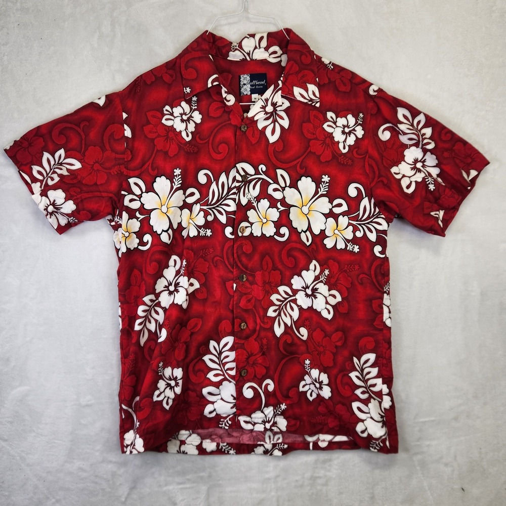 Bullhead Island Series Mens Red Hibiscus Floral Hawaiian‎ Button Down Shirt M